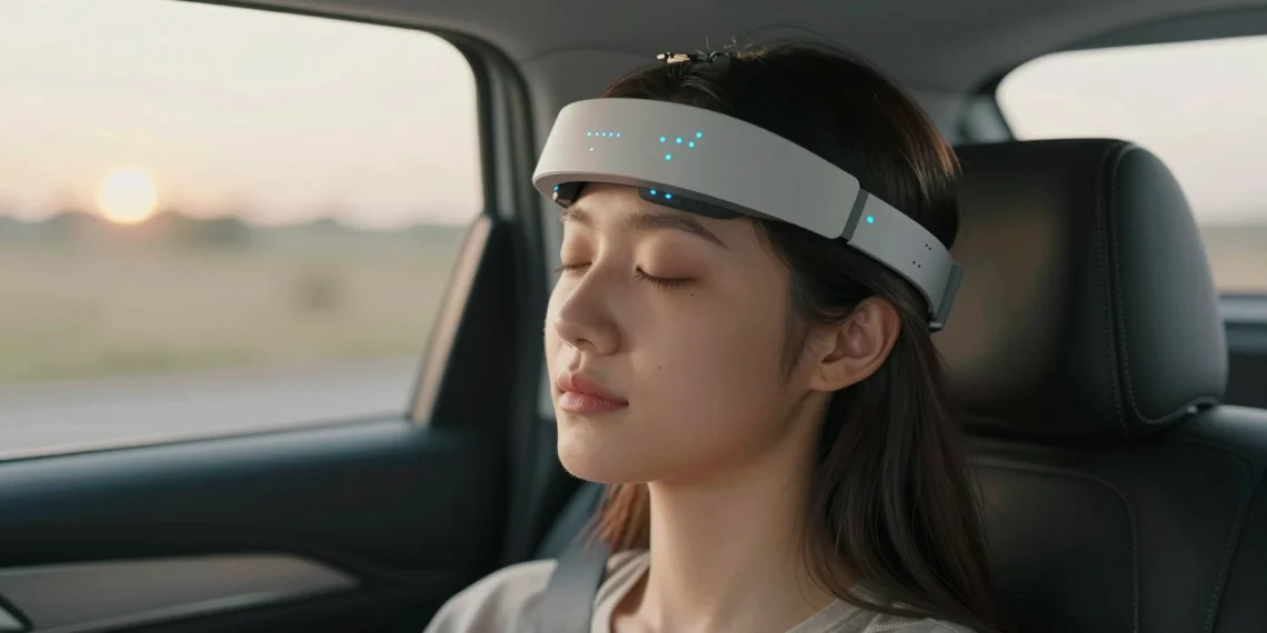 Una diadema con IA lee las ondas cerebrales de los pasajeros para acabar con el mareo en el coche 1 Mujer joven en el asiento del copiloto con una diadema de IA con sensores EEG que emiten luz azul para combatir el mareo