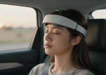 Una diadema con IA lee las ondas cerebrales de los pasajeros para acabar con el mareo en el coche 3 Mujer joven en el asiento del copiloto con una diadema de IA con sensores EEG que emiten luz azul para combatir el mareo