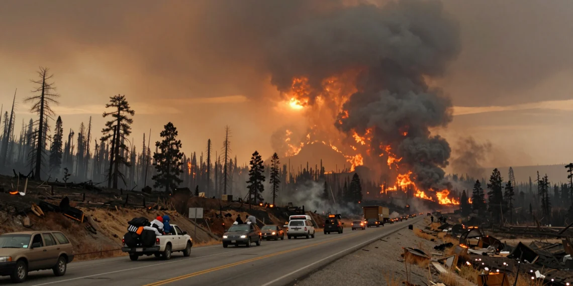 Temporadas de incendios cada vez más largas y devastadoras: la ciencia lleva años advirtiendo de lo que ya estamos viviendo 1 Convoy de evacuación en carretera bajo cielo de humo naranja y ceniza durante un gran incendio forestal en EE. UU.