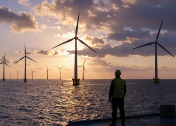 La administración Trump abandona su batalla legal contra la eólica mientras la energía limpia bate récords en EE. UU. 3 Trabajador contempla un parque eólico marino al atardecer en el Atlántico, con turbinas blancas bajo un cielo dorado