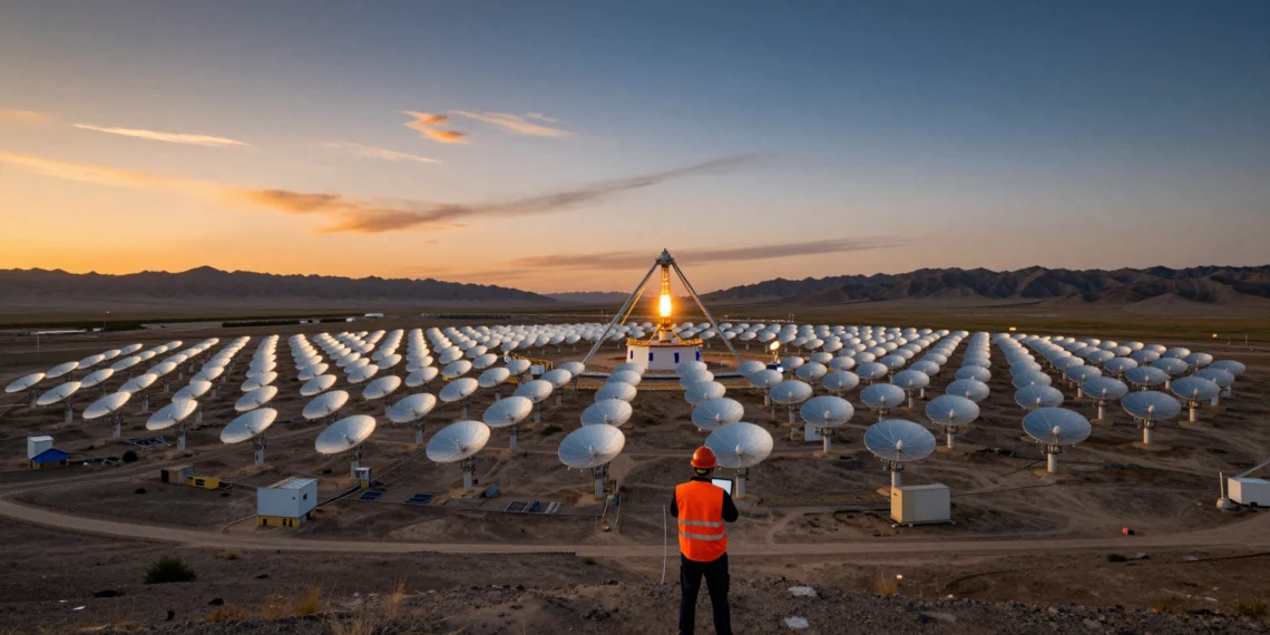 China lleva una década transformando en silencio la energía solar de concentración, y los números ya no admiten debate 1 Ingeniero chino frente a una planta de energía solar de concentración en el desierto de Qinghai al atardecer