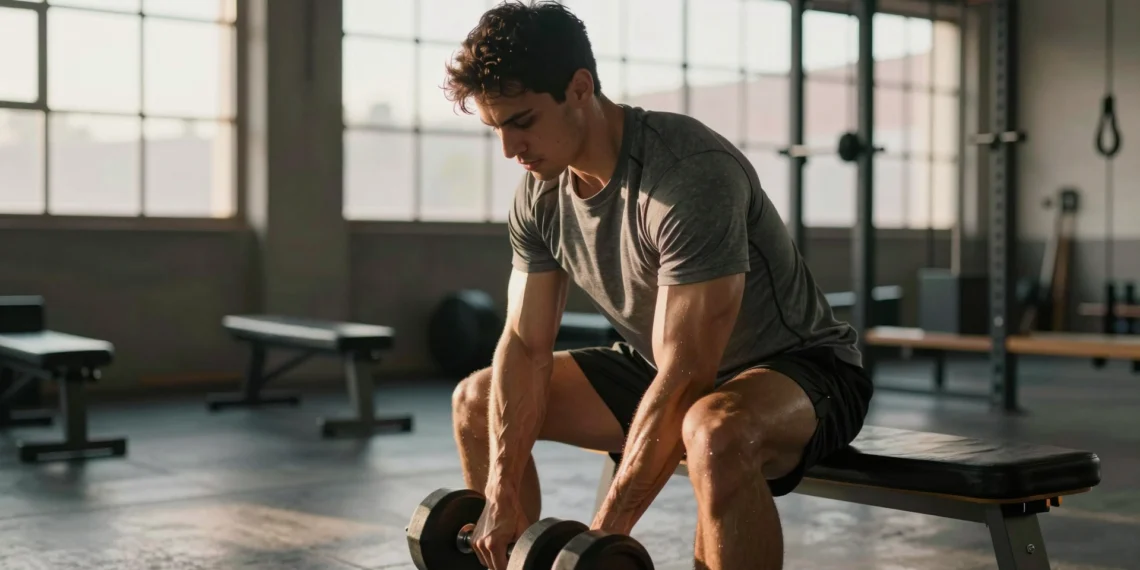 Bajar pesas despacio puede ser más efectivo que levantarlas: lo que la ciencia lleva años intentando explicar 1 Atleta realizando curl de bíceps lento y controlado con mancuerna en gimnasio profesional con luz dorada natural