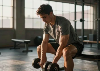 Bajar pesas despacio puede ser más efectivo que levantarlas: lo que la ciencia lleva años intentando explicar 4 Atleta realizando curl de bíceps lento y controlado con mancuerna en gimnasio profesional con luz dorada natural