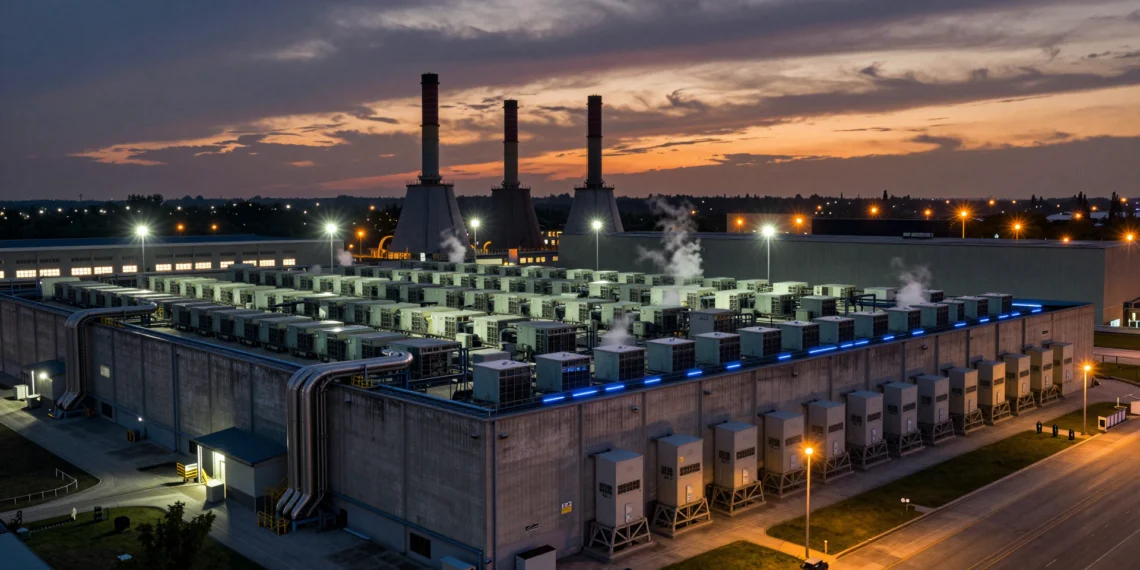 xAI y SpaceX están construyendo la mayor red privada de inteligencia artificial del mundo, con cinco centros de datos y miles de millones en turbinas de gas 1 Centro de datos industrial masivo al atardecer con turbinas de gas, chillers y edificios de almacén a escala industrial
