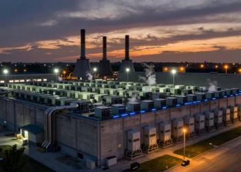 xAI y SpaceX están construyendo la mayor red privada de inteligencia artificial del mundo, con cinco centros de datos y miles de millones en turbinas de gas 7 Centro de datos industrial masivo al atardecer con turbinas de gas, chillers y edificios de almacén a escala industrial