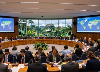 Delegados de todo el mundo negocian en la sala plenaria de la COP30 en Belém, con la selva amazónica al fondo
