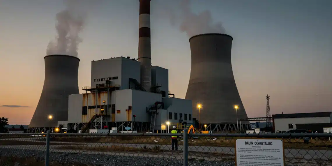 Décadas de declive del carbón en EE. UU. y ahora el gobierno federal destina 775 millones para resucitarlo 1 Trabajador solitario frente a una enorme central eléctrica de carbón en ruinas en Virginia Occidental al atardecer