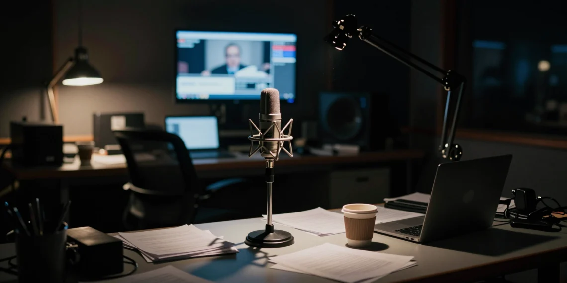 Alex Jones, el mayor defensor mediático de Trump, pide a sus seguidores que lo abandonen alegando deterioro físico y cognitivo 1 Estudio de radio vacío y en penumbra con micrófono iluminado, silla abandonada y monitor parpadeante al fondo