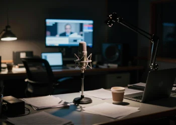 Estudio de radio vacío y en penumbra con micrófono iluminado, silla abandonada y monitor parpadeante al fondo