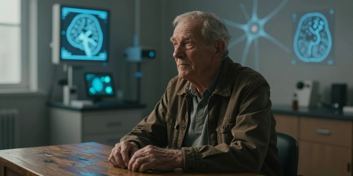 Células cerebrales que nunca debían convertirse en neuronas lo hicieron, y los monos con Alzheimer empezaron a recordar 1 Anciano en clínica neurológica con luz cálida, células gliales y neuronas visibles, investigación sobre Alzheimer