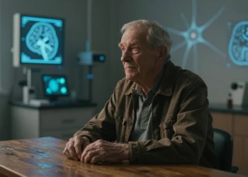 Anciano en clínica neurológica con luz cálida, células gliales y neuronas visibles, investigación sobre Alzheimer