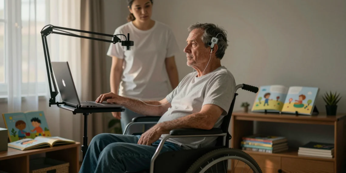 Con ELA y paralizado, Casey Harrell lleva tres años usando un implante cerebral para hablar, trabajar y leer a su hija 1 Hombre con ELA en silla de ruedas conectado a implante cerebral con cables de electrodos y portátil, luz cálida de mañana