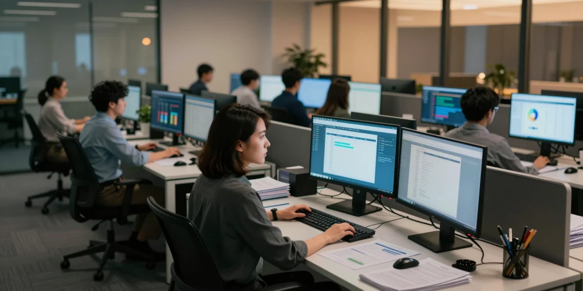 Antes de que los directivos tuvieran un plan, la IA ya había transformado silenciosamente las finanzas corporativas 1 Profesional de finanzas corporativas frente a monitores con dashboards de IA en una oficina moderna al atardecer