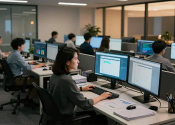 Profesional de finanzas corporativas frente a monitores con dashboards de IA en una oficina moderna al atardecer