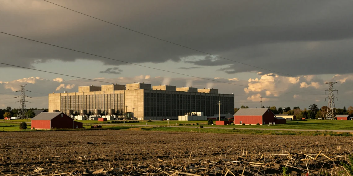 Nueva York frena la expansión de los centros de datos con una moratoria histórica que pone en jaque a las grandes tecnológicas 1 Centro de datos masivo de hormigón junto a campos agrícolas rurales en Nueva York al atardecer, con torres eléctricas