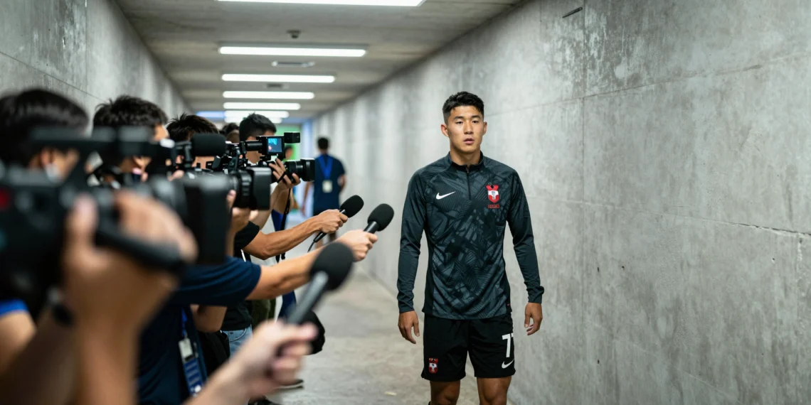 Son Heung-min ignoró a la prensa de su propio país tras un audio filtrado que sacudió la concentración de Corea del Sur en el Mundial 1 Son Heung-min camina en silencio alejándose de periodistas en el túnel de un estadio del Mundial