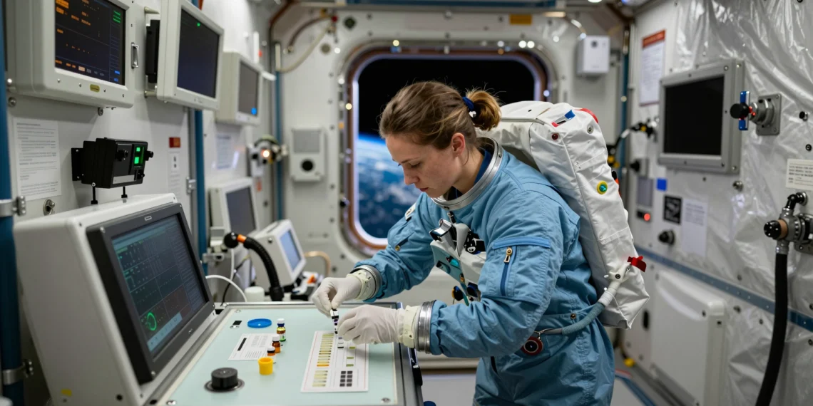 Bacterias en órbita: la Estación Espacial Internacional convierte su laboratorio en un frente de batalla contra enfermedades terrestres 1 Astronauta femenina manipula muestras microbianas en laboratorio de la Estación Espacial Internacional