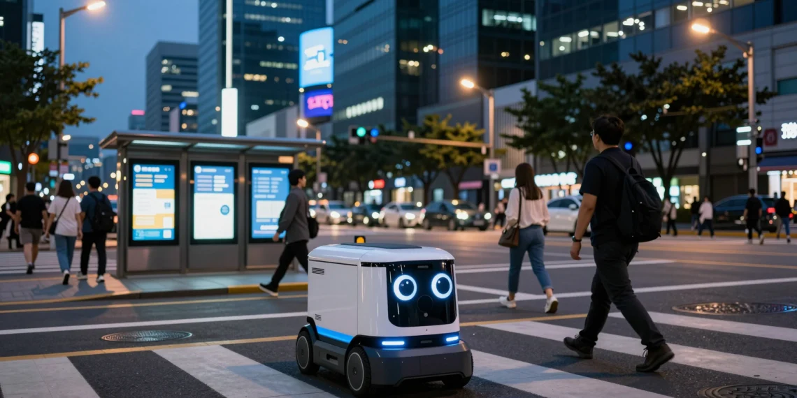 Corea del Sur lleva décadas apostando por cada nueva tecnología, y la inteligencia artificial no es la excepción 1 Robot de reparto autónomo en un cruce peatonal de Gangnam, Seúl, al anochecer, con rascacielos tecnológicos al fondo