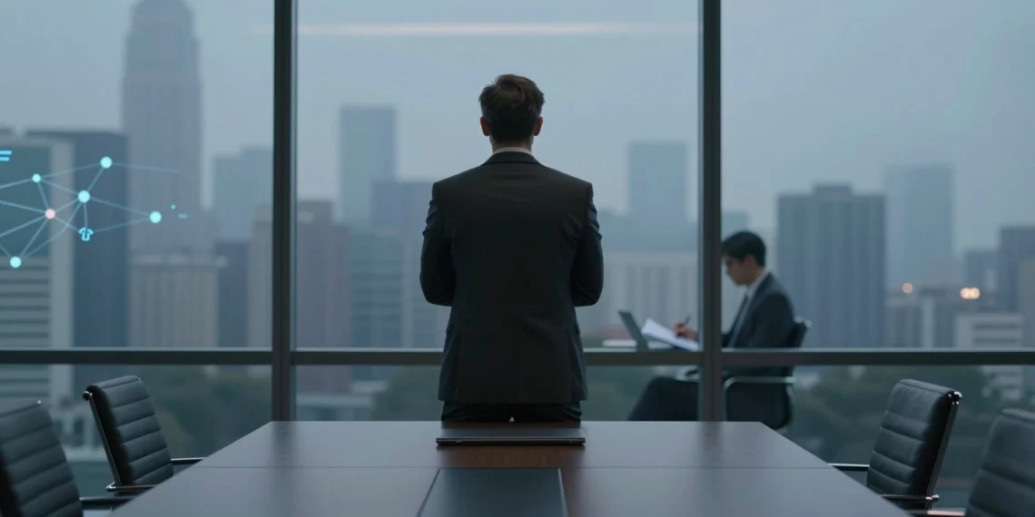 Empresas de todo el mundo están rompiendo su dependencia de los grandes proveedores de IA para recuperar el control de sus datos 1 Ejecutivo en sala de juntas moderna frente a rascacielos al atardecer, reflexionando sobre la soberanía de datos corporativos