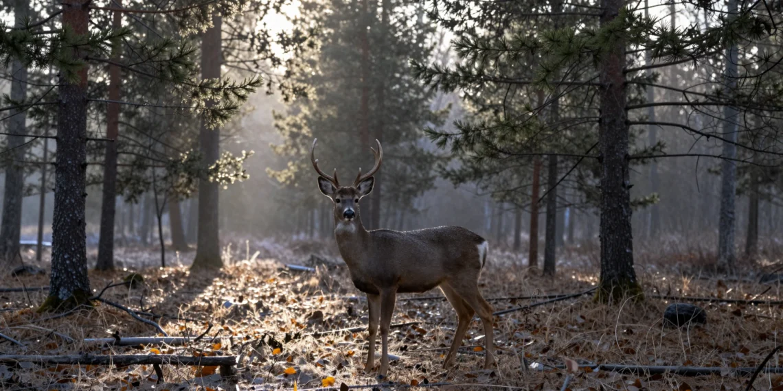 Animales sin síntomas pueden transmitir priones de la enfermedad del desgaste crónico a otras especies, según un nuevo estudio 1 Ciervo de cola blanca solitario en bosque boreal brumoso al amanecer, posible portador asintomático de priones