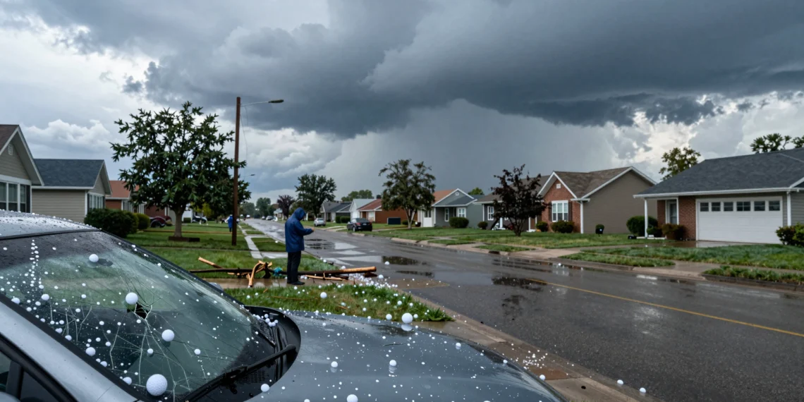 Dos estudios advierten que el granizo se está desplazando hacia los polos y podría volverse más destructivo a medida que el planeta se calienta 1 Parabrisas de coche agrietado cubierto de granizo tras una tormenta severa en un barrio residencial