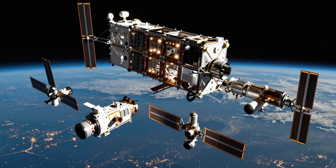 SpaceX abandona su hoja de ruta de satélites de comunicaciones para apostar todo al negocio de la inteligencia artificial en órbita 1 Constelación de satélites de comunicaciones SpaceX en órbita baja junto a una estación orbital de inteligencia artificial