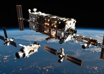 SpaceX abandona su hoja de ruta de satélites de comunicaciones para apostar todo al negocio de la inteligencia artificial en órbita 1 Constelación de satélites de comunicaciones SpaceX en órbita baja junto a una estación orbital de inteligencia artificial