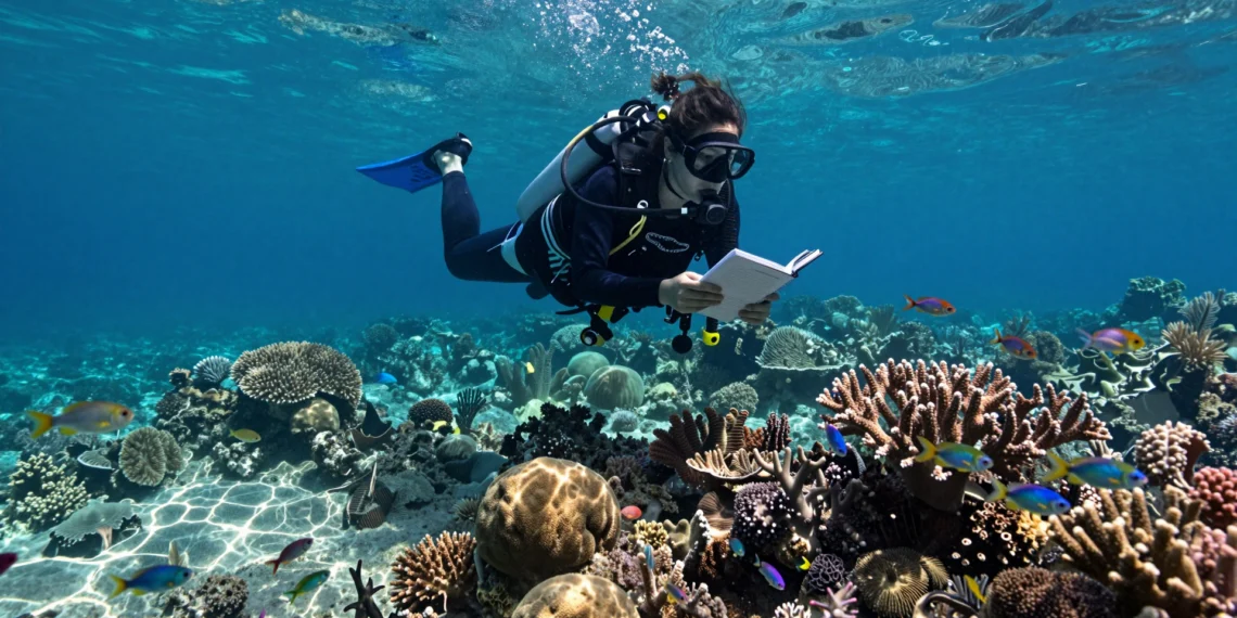 Bajo el agua y frente al teclado: la periodista que narra el cambio climático desde el fondo del mar 1 Periodista buceadora toma notas en libreta impermeable sobre arrecife de coral tropical, documentando el cambio climático