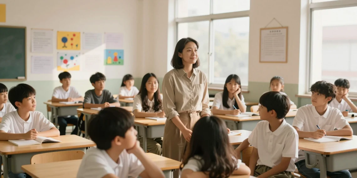 Cada día en el aula puede ser una oportunidad para cultivar el bienestar, y la ciencia empieza a mostrar cómo lograrlo 1 Maestra y alumnos de primaria en un aula cálida y luminosa, fomentando el bienestar y la calma en el entorno escolar