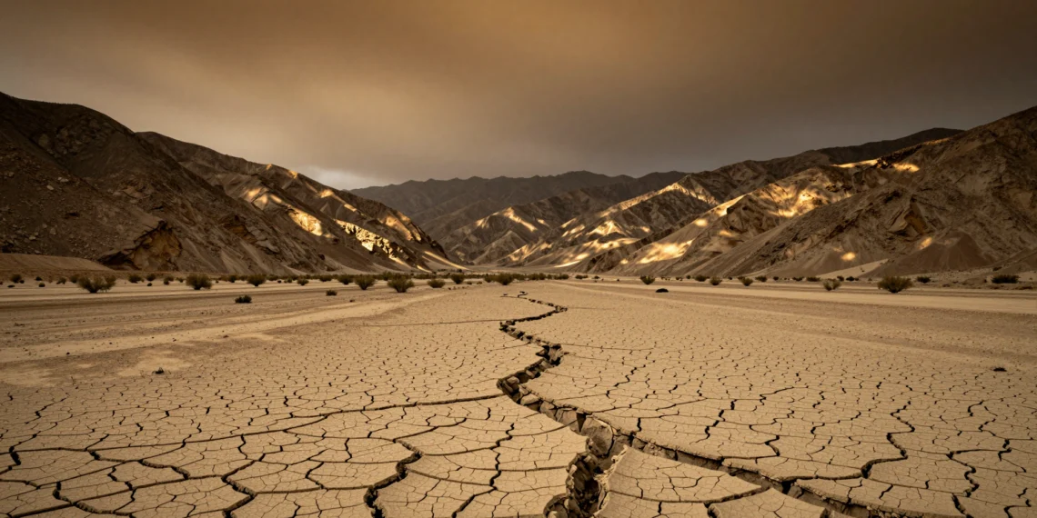 Científicos identifican una «puerta de terremotos» en California mientras sus fallas acumulan la mayor tensión tectónica del último milenio 1 Terreno agrietado y árido del Paso Cajón en California con falla geológica visible entre las montañas de San Gabriel