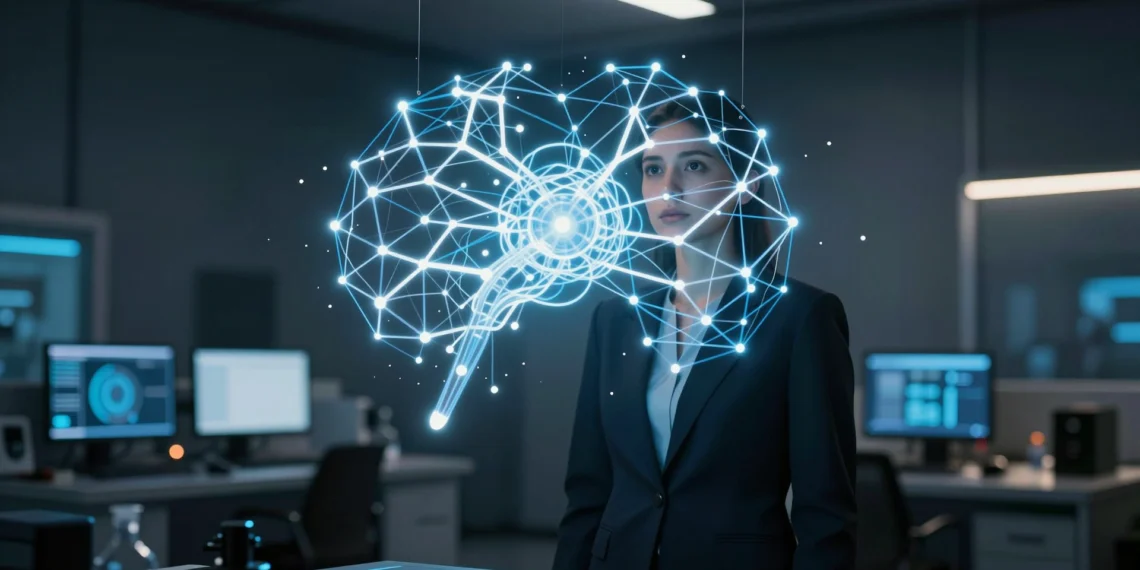 Anthropic lanza Claude Fable 5, su modelo de IA más capaz hasta la fecha y líder en los principales benchmarks del sector 1 Investigadora observando una red neuronal holográfica luminosa en un laboratorio de IA de alta tecnología