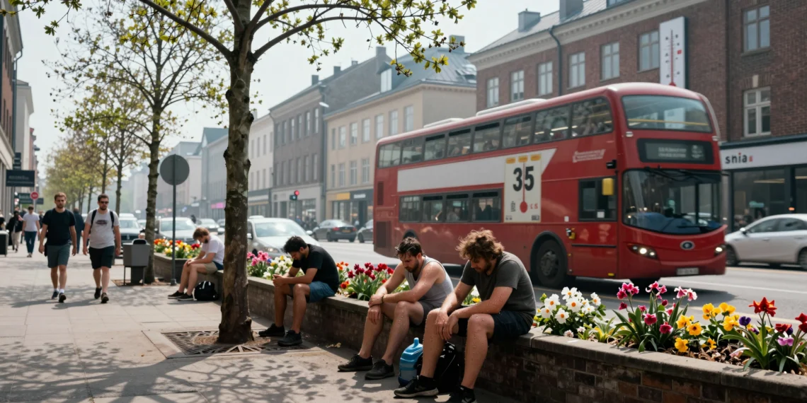 Europa arde en mayo: una ola de calor sin precedentes sacude el continente cuando nadie esperaba semejante calor 1 Peatones exhaustos buscando sombra en una calle abrasadora de Europa en mayo con un termómetro marcando más de 35 °C