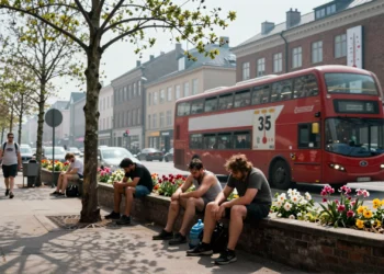 Peatones exhaustos buscando sombra en una calle abrasadora de Europa en mayo con un termómetro marcando más de 35 °C