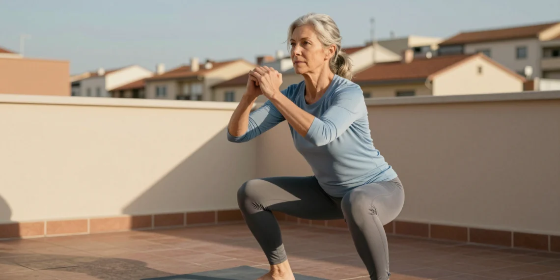 Perder fuerza al envejecer no es inevitable: los ejercicios sin equipamiento que están transformando la salud de los mayores de 55 años 1 Mujer de unos 60 años realizando una sentadilla en la terraza de su apartamento urbano con ropa deportiva gris y azul