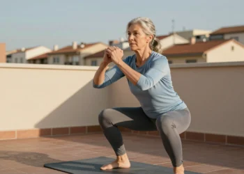 Perder fuerza al envejecer no es inevitable: los ejercicios sin equipamiento que están transformando la salud de los mayores de 55 años 1 Mujer de unos 60 años realizando una sentadilla en la terraza de su apartamento urbano con ropa deportiva gris y azul