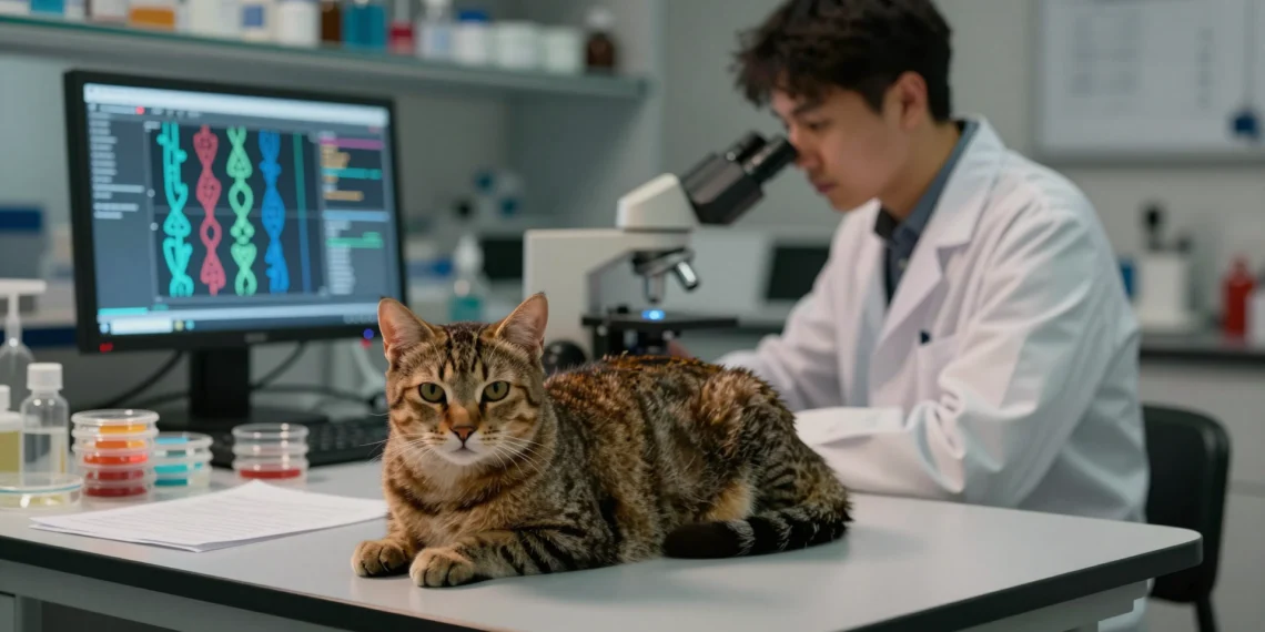 Gato doméstico atigrado en una mesa de examen veterinario junto a un científico analizando datos genómicos en laboratorio