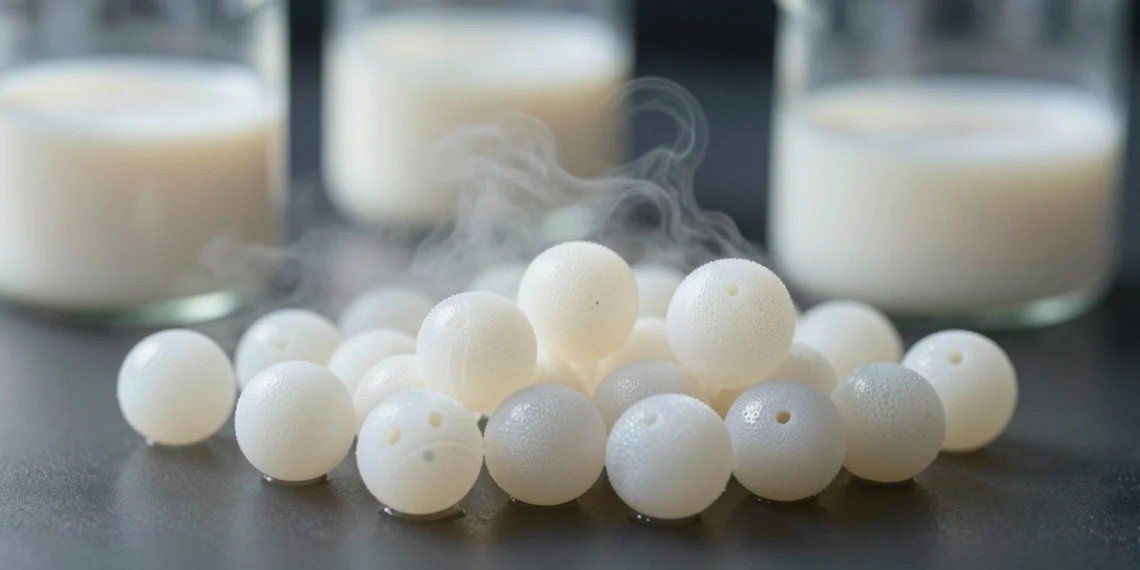 Residuos de tofu y queso convertidos en pequeñas esferas capaces de atrapar CO₂ del aire con una eficiencia sin precedentes 1 Esferas porosas translúcidas en laboratorio capturando CO₂ del aire, fabricadas con residuos de tofu y queso