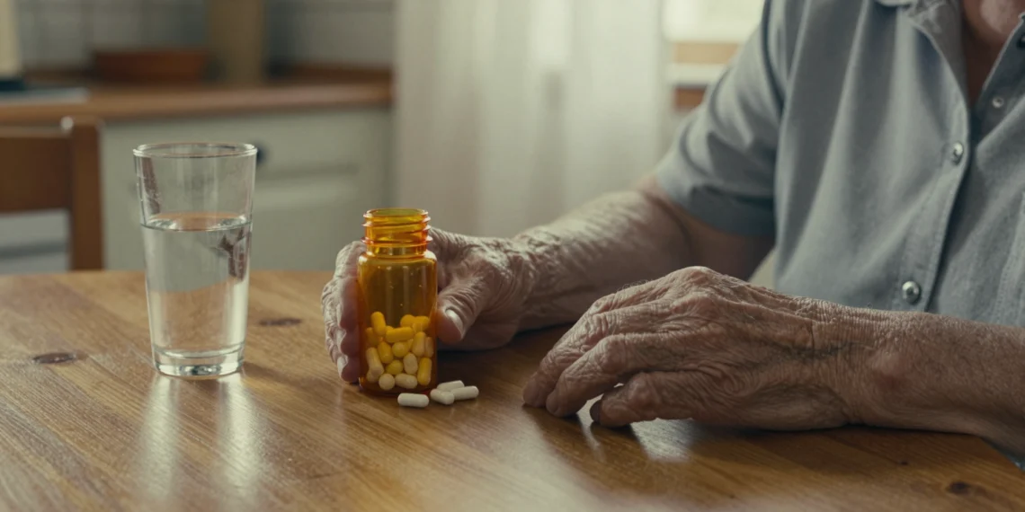 Un suplemento habitual para las articulaciones podría acelerar la progresión del Alzheimer, según un estudio con millones de registros médicos 1 Manos ancianas sosteniendo un frasco de cápsulas de glucosamina junto a un vaso de agua sobre una mesa de cocina de madera