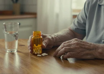 Un suplemento habitual para las articulaciones podría acelerar la progresión del Alzheimer, según un estudio con millones de registros médicos 5 Manos ancianas sosteniendo un frasco de cápsulas de glucosamina junto a un vaso de agua sobre una mesa de cocina de madera