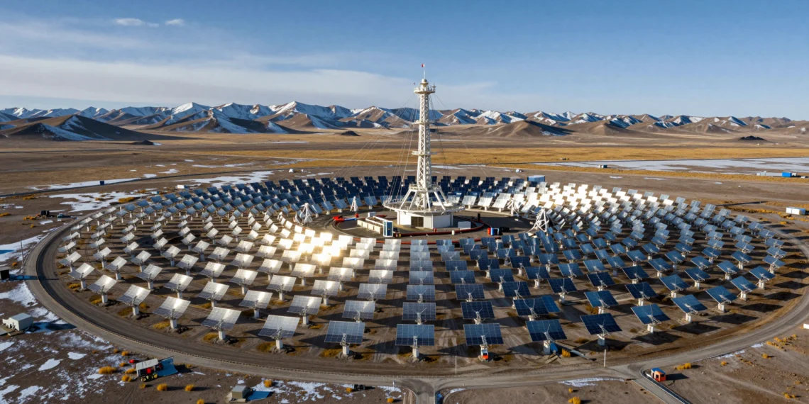 Solar de torre en el techo del mundo: China conecta a la red su primera planta CSP con almacenamiento de 12 horas en la meseta Qinghai-Tíbet 1 Planta solar de torre CSP con heliostatos en la meseta Qinghai-Tíbet, China, bajo un cielo azul intenso