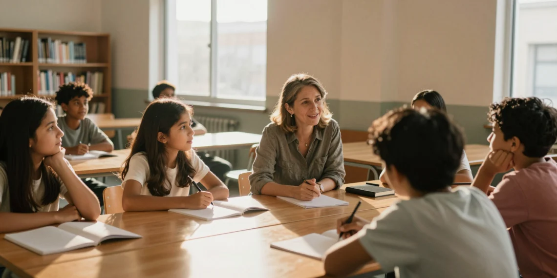 La humildad intelectual llega a las aulas: cómo los educadores están transformando el clima escolar desde adentro 1 Profesora y alumnos dialogando en círculo en un aula cálida, evocando humildad intelectual y confianza mutua.