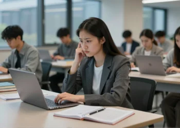 Ser muy responsable puede frenar el uso de la IA: un estudio revela por qué la personalidad importa más de lo que creemos 5 Estudiante universitaria asiática frente a un portátil con IA en biblioteca moderna, con expresión de duda y vacilación