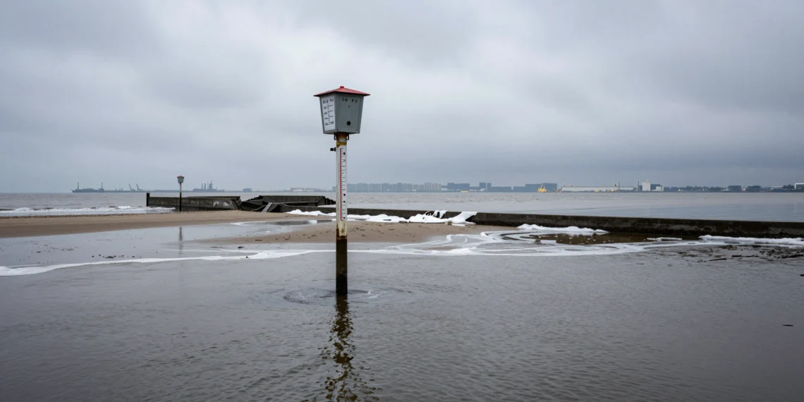 Los glaciares no son el mayor culpable: lo que realmente está elevando el nivel del mar más rápido de lo previsto 1 Estación mareográfica semisumergida en una costa inundada con infraestructura urbana deteriorada al fondo