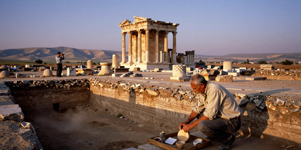Setenta años excavando la misma ciudad: Sardis, la antigua capital lidia, alcanza por fin el reconocimiento mundial 1 Arqueólogo excavando en las ruinas de Sardis, antigua capital lidia en Turquía, junto a columnas romanas al atardecer