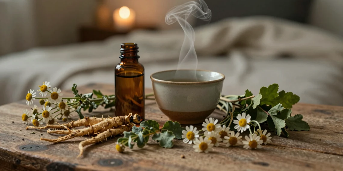 Siete plantas medicinales que activan el mecanismo natural del sueño sin los riesgos de los somníferos 1 Hierbas medicinales secas —valeriana y manzanilla— junto a frasco de ámbar y taza de té humeante sobre madera rústica