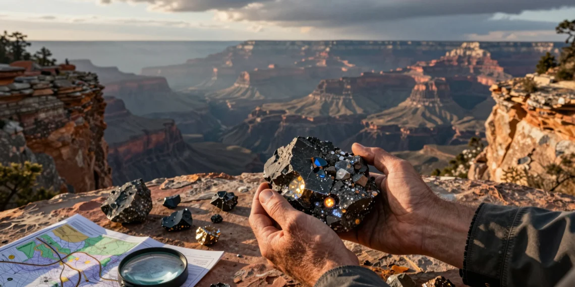 Científicos mapean por primera vez las zonas ocultas de la Tierra donde se concentran los metales que alimentan la revolución tecnológica 1 Manos de geólogo sostienen una roca ígnea con minerales de tierras raras en un paisaje montañoso al atardecer