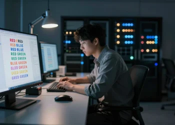 Escriben ensayos y resuelven ecuaciones, pero los modelos de IA más potentes colapsan ante una prueba de atención diseñada hace décadas 1 Monitor con prueba de Stroop en laboratorio de IA y un investigador analizando los resultados