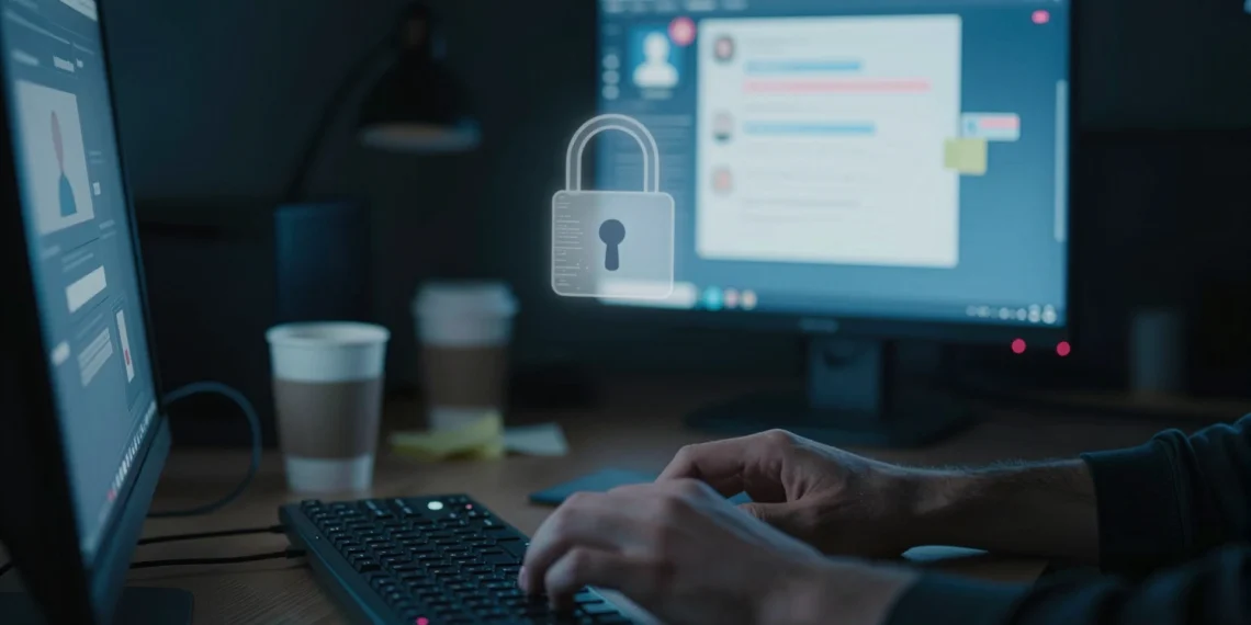 Hackearon cuentas de Instagram con una pregunta directa a la IA de Meta, y el agente simplemente obedeció 1 Manos anónimas sobre un teclado frente a una pantalla azul con elementos de redes sociales distorsionados y un candado roto