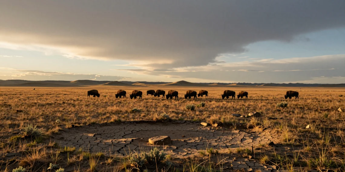 Cazadores indígenas abandonaron un lugar de caza en Montana hace 1.100 años, aunque los bisontes seguían siendo abundantes 1 Manada de bisontes americanos pastando al atardecer en las llanuras de Montana, con detalles arqueológicos en primer plano