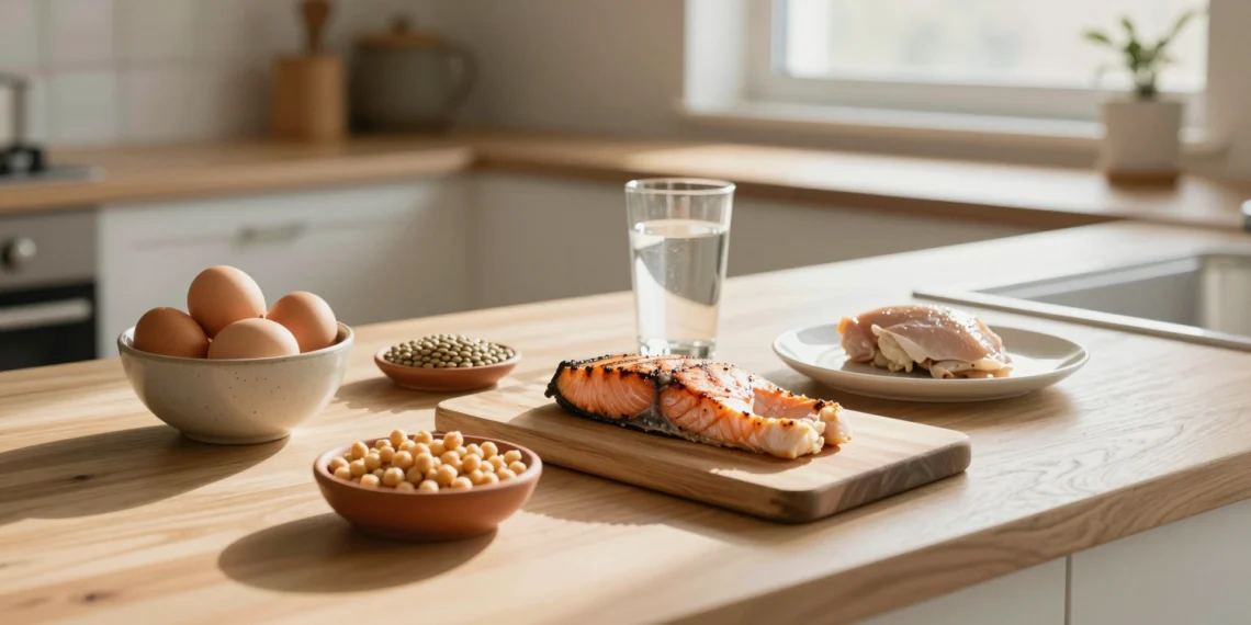 Cuánta proteína necesitas de verdad: lo que los dietistas recomiendan ahora va más allá de los batidos y los suplementos 1 Alimentos naturales ricos en proteínas sobre encimera de cocina: huevos, salmón, lentejas, garbanzos y pechuga de pollo